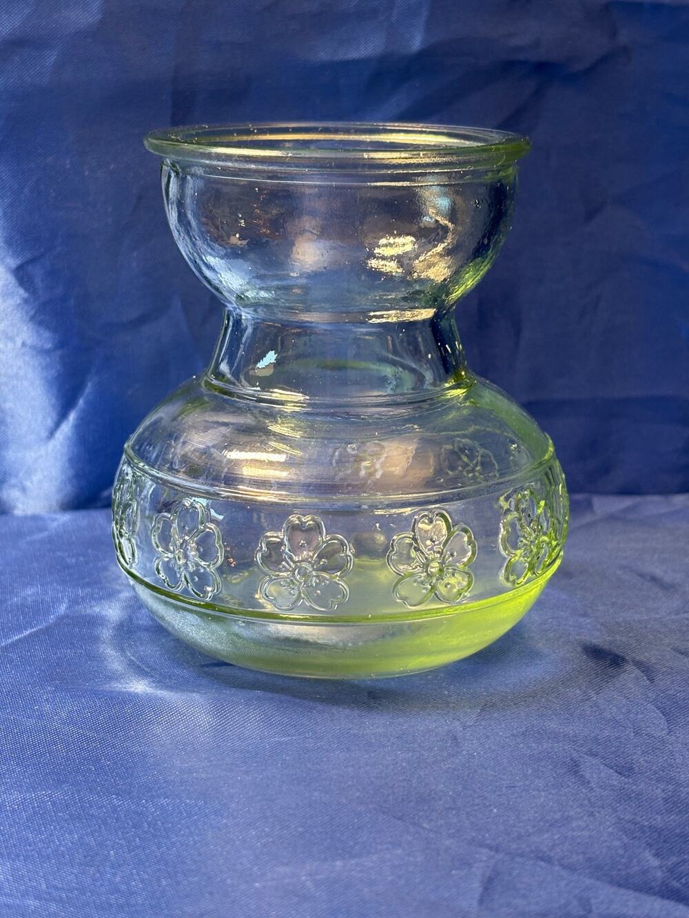 Vintage Green Tint Pressed Glass Bud Vase Accented with Flower Pattern